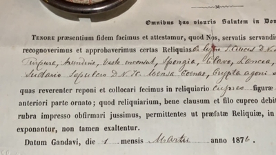 Reliquary - Relic With Original Document en Brass / Glass / Originally Sealed, Gent - Belgium 19th century ( anno 1867 )