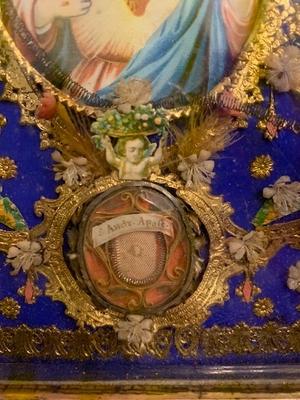 Reliquary. Relics 2 X True Cross. St. Fiose V. St. Andreas Ap.  en Wooden Frame / Glass, Italy 19th century