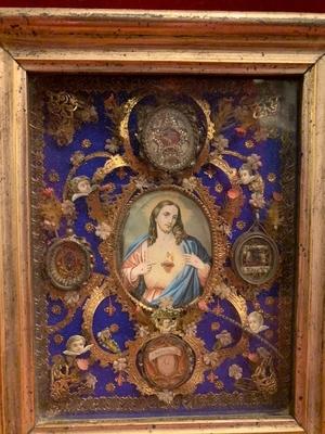 Reliquary. Relics 2 X True Cross. St. Fiose V. St. Andreas Ap.  en Wooden Frame / Glass, Italy 19th century