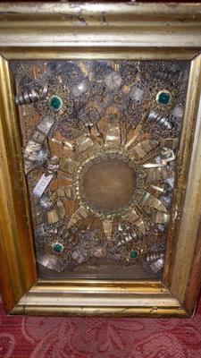 Reliquary - Relics Of St. Victor & St. Justi  en Fully hand-made monastery - work : Stones Brocade Wax  Agnus Dei Medallion Timber / Gilt Frame, Austria 18th century ( 1750 )