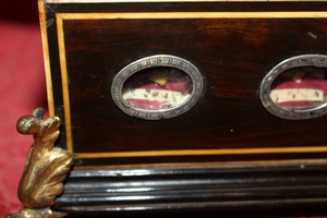 Ostensorium Inlaid With Ebony And Ivory Feet Bronze style Relis inside : St. Joannes / St. Petrus / St. Vitalis / St. Albertus / St. Hieron. Doctor. Italy anno 1800