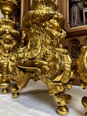 Altar -Set 6 Matching Large Candle Sticks Height Without Pin: 130 Cm ! style Rococo - Style en Brass / Bronze / Gilt , Belgium  18 th century ( Anno 1750 )