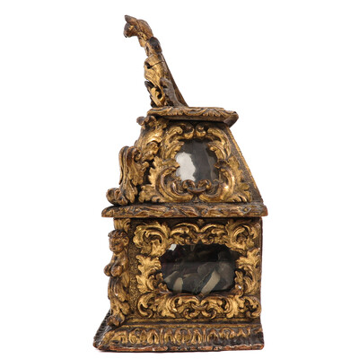 Exceptional Reliquary - Shrine Ex Ossibus Relics : St. Victoriani M. St. Severini M. St. Anthony M. St. Hyacinthi M. & More style Rococo - Style en Wood Polychrome / Glass / Wax Seal /  Glass, Belgium  17 / 18 th century