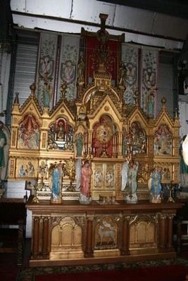 Classicistic Altar , Hand-Carved Wood / Gilt , Table Full Oak , Bronze Tabernacle (Safe) , Corpus & Reliefs Wood , Angels Terra-Cotta style roman en wood polychrome, Dutch 19th century