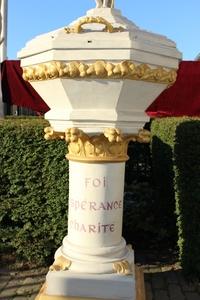 Baptismal Font style Romanesque en Terra-Cotta polychrome / Zinc / Wood, France 19th century (1870)