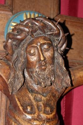 1 Romanesque Crucifix And Corpus Christi Fully Hand-Carved Oak, Applications 4 Evangelists, Romanesque-Style, 19th Cent.  (1890)