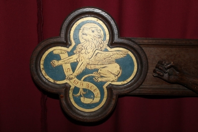 1 Romanesque Crucifix And Corpus Christi Fully Hand-Carved Oak, Applications 4 Evangelists, Romanesque-Style, 19th Cent.  (1890)