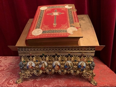 1 Romanesque Exceptional Missal Stand. Enamel Applications Of The 4 Evangelists An Jesus + Angel Heads.