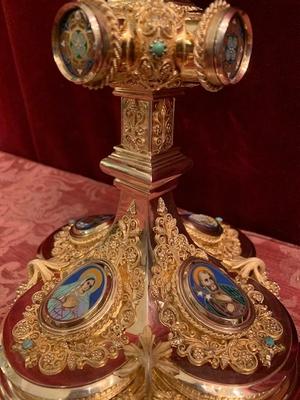 Exeptional Chalice With Original Paten. Weight Chalice 1.05 Kgs ! Reserved style Romanesque en Full silver / Gilt / Filigrain /  Enamel - Medallions / Stones , France 19th century ( anno 1865 )