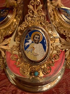 Exeptional Chalice With Original Paten. Weight Chalice 1.05 Kgs ! Reserved style Romanesque en Full silver / Gilt / Filigrain /  Enamel - Medallions / Stones , France 19th century ( anno 1865 )