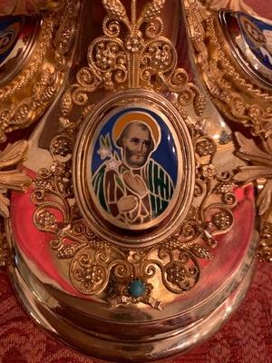 Exeptional Chalice With Original Paten. Weight Chalice 1.05 Kgs ! Reserved style Romanesque en Full silver / Gilt / Filigrain /  Enamel - Medallions / Stones , France 19th century ( anno 1865 )