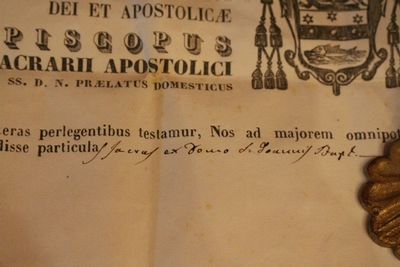 Reliquary Relic Of St. Joannes Baptist Silver Theca / Original Document style Romanesque en Bronze / Gilt, Italy 19th century ( 1868 )