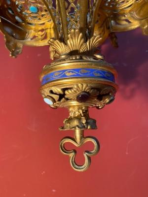 Sanctuary Lamp style Romanesque en Bronze / Gilt / Enamel / Stones, France 19 th century ( Anno 1875 )