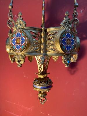 Sanctuary Lamp style Romanesque en Bronze / Gilt / Enamel / Stones, France 19 th century ( Anno 1875 )