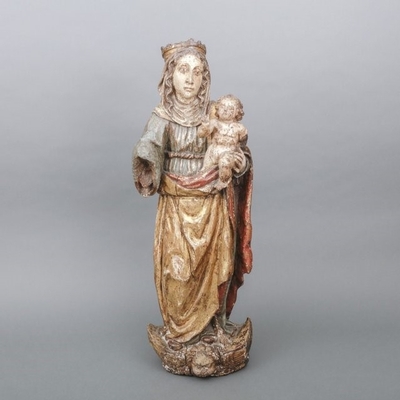 St. Mary Statue style Romanesque en wood polychrome, Southern France 17 th century