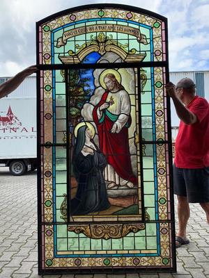 Stained Glass Window : Appearance Of The Sacred Heart To Margareta Maria Alacoque. Signed: Grosse Bruges style Romanesque en Stained Glass / Iron Window, Bruges Belgium 19th century