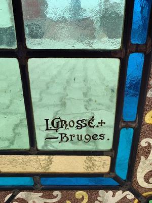 1 Romanesque Stained Glass Window : Mary S Appaerance To Bernadette In Lourdes. Signed: Grosse Bruges.