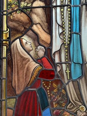 1 Romanesque Stained Glass Window : Mary S Appaerance To Bernadette In Lourdes. Signed: Grosse Bruges.