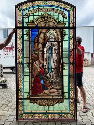 Stained Glass Window : Mary S Appaerance To Bernadette In Lourdes. Signed: Grosse Bruges. style Romanesque en Stained Glass / Iron Window, Bruges Belgium 19th century