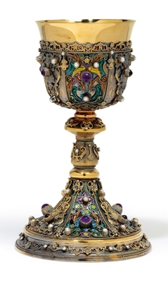 Chalice. Weight : 811 Gr. Higher Price Range ! style Romanesque - Style en full silver /  Precious Stones Rubins, Brilliants, Turquoise, France 19th century