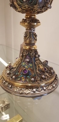 Chalice. Weight : 811 Gr. Higher Price Range ! style Romanesque - Style en full silver /  Precious Stones Rubins, Brilliants, Turquoise, France 19th century