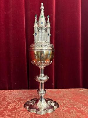 Ciborium 1.25 Kgs ! style Romanesque - Style en Full - Silver Silver Marks Present / Stones / New Polished and Varnished., Netherlands  19 th century ( Anno 1865 )
