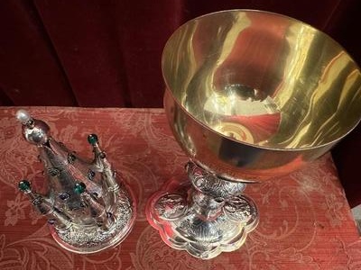 Ciborium 1.25 Kgs ! style Romanesque - Style en Full - Silver Silver Marks Present / Stones / New Polished and Varnished., Netherlands  19 th century ( Anno 1865 )