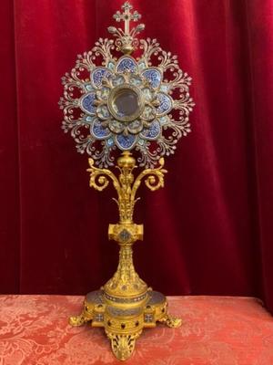 Exceptional Monstrance Higher Price Range Manufacture: P. Poussielgue Rusand style Romanesque - Style en Silver / Brass / Bronze / Gilt / Enamel / Stones, Paris France 19 th century ( Anno 1865 )