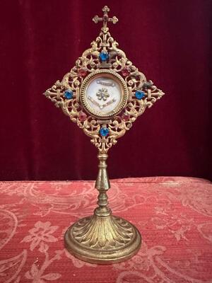 Reliquary - Relic Ex Ossibus Ex Ossibus St. Aemilia De Rodat  style Romanesque - Style en Brass - Gilt / Stones / Originally Sealed, France 19 th century ( Anno 1865 )
