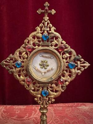Reliquary - Relic Ex Ossibus Ex Ossibus St. Aemilia De Rodat  style Romanesque - Style en Brass - Gilt / Stones / Originally Sealed, France 19 th century ( Anno 1865 )