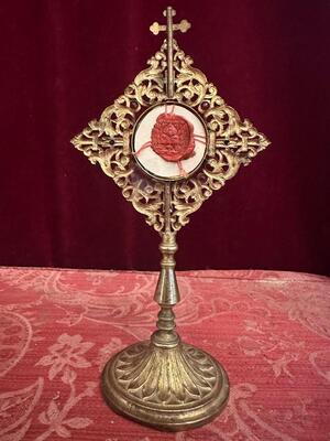 Reliquary - Relic Ex Ossibus Ex Ossibus St. Aemilia De Rodat  style Romanesque - Style en Brass - Gilt / Stones / Originally Sealed, France 19 th century ( Anno 1865 )