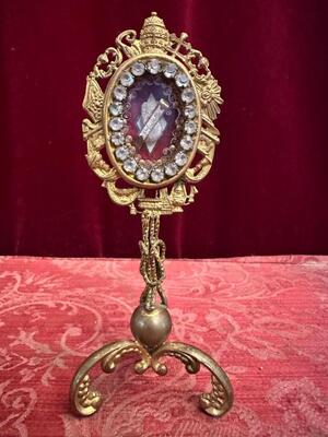 Reliquary - Relic Ex Ossibus St. Eustella style Romanesque - Style en Brass - Gilt / Stones / Originally Sealed / Glass, France 19 th century ( Anno 1890 )