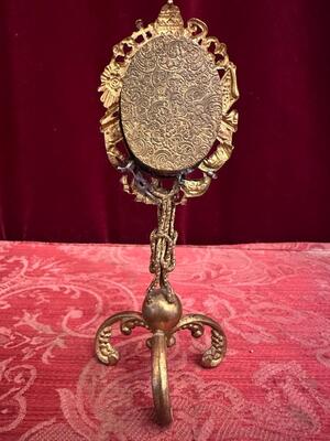 Reliquary - Relic Ex Ossibus St. Eustella style Romanesque - Style en Brass - Gilt / Stones / Originally Sealed / Glass, France 19 th century ( Anno 1890 )