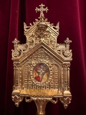 Reliquary - Relic True Cross  style Romanesque - Style en Bronze / Polished and Varnished / Rock Crystal / Glass / Originally Sealed, France 19 th century