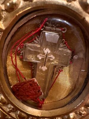 Reliquary - Relic True Cross  style Romanesque - Style en Bronze / Polished and Varnished / Rock Crystal / Glass / Originally Sealed, France 19 th century