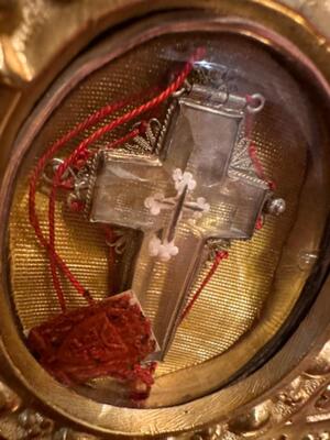 Reliquary - Relic True Cross  style Romanesque - Style en Bronze / Polished and Varnished / Rock Crystal / Glass / Originally Sealed, France 19 th century