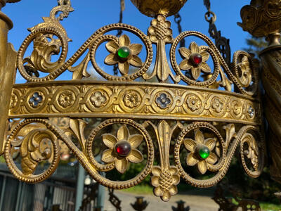 Sanctuary Lamp style Romanesque - Style en Brass / Bronze / Gilt / Stones, France 19 th century ( Anno 1865 )