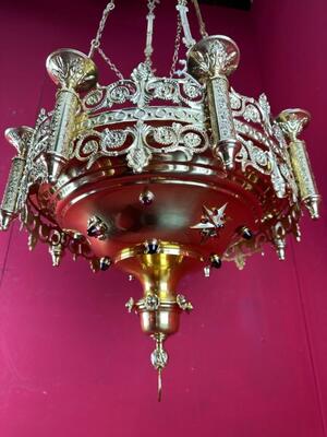 Sanctuary Lamp style Romanesque - Style en Brass / Bronze / Gilt / Polished and Varnished / Stones, France 19 th century ( Anno 1885 )