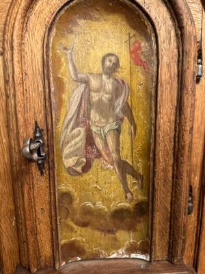 Tabernacle Front With Imagination Of The Risen Christ style Romanesque - Style en Oak wood / Hand - Forget Iron, Flemish - Belgium 19 th century ( Anno 1850 )