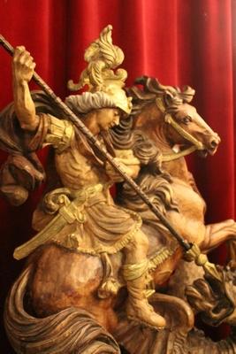 Saint George Statue en hand-carved wood polychrome, Southern Germany 20th century