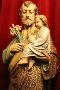 St. Joseph Statue With Child en hand-carved wood polychrome, France 19th century (1890)