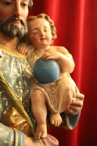 St. Joseph Statue With Child en Paper Mache / Polychrome, France 19 th century