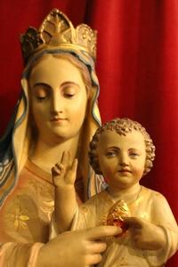 St. Mary Statue With Child en plaster polychrome, Belgium 19th century