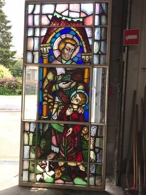 Stainded Glass Window. St. Joseph & Child Some Restoration Needed. en Stained Glass / IRON FRAMES, Dutch 20th century ( 1952 )