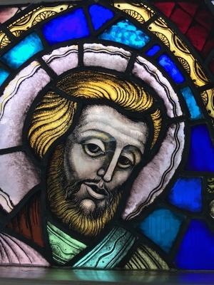 Stainded Glass Window. St. Joseph & Child Some Restoration Needed. en Stained Glass / IRON FRAMES, Dutch 20th century ( 1952 )