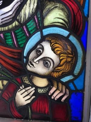 Stainded Glass Window. St. Joseph & Child Some Restoration Needed. en Stained Glass / IRON FRAMES, Dutch 20th century ( 1952 )