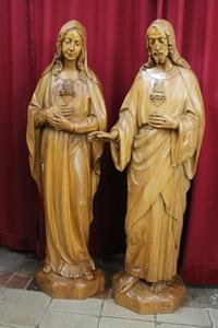 Statue Sacred Heart Of Jesus (Matching With Sacred Heart Of St. Mary) en hand-carved wood , Dutch 20th century