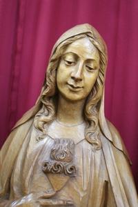 Statue  Sacred Heart Of St. Mary (Matching With Sacred Heart Of Jesus) en hand-carved wood , Dutch 20th century