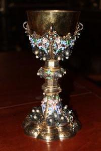 Stunning Chalice en silver / emaille / pearls / Turquoise, faceted glass stones , France 19th century