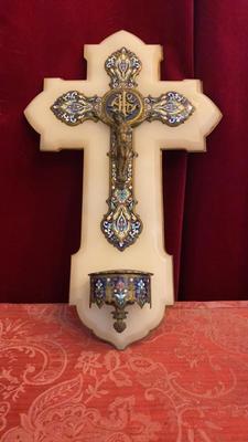 Stunning Large Cross - Holy Water Bucket  en Alabaster/  Bronze / Enamel, France 19 th century ( Anno 1865 )